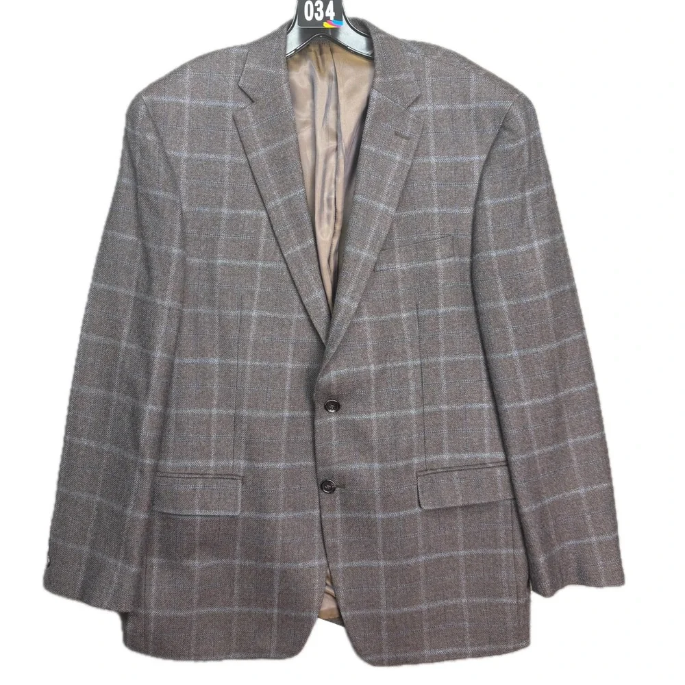 Lauren Ralph Lauren Blazer Mens 42R Brown Blue Windowpane Plaid 100% Wool Jacket